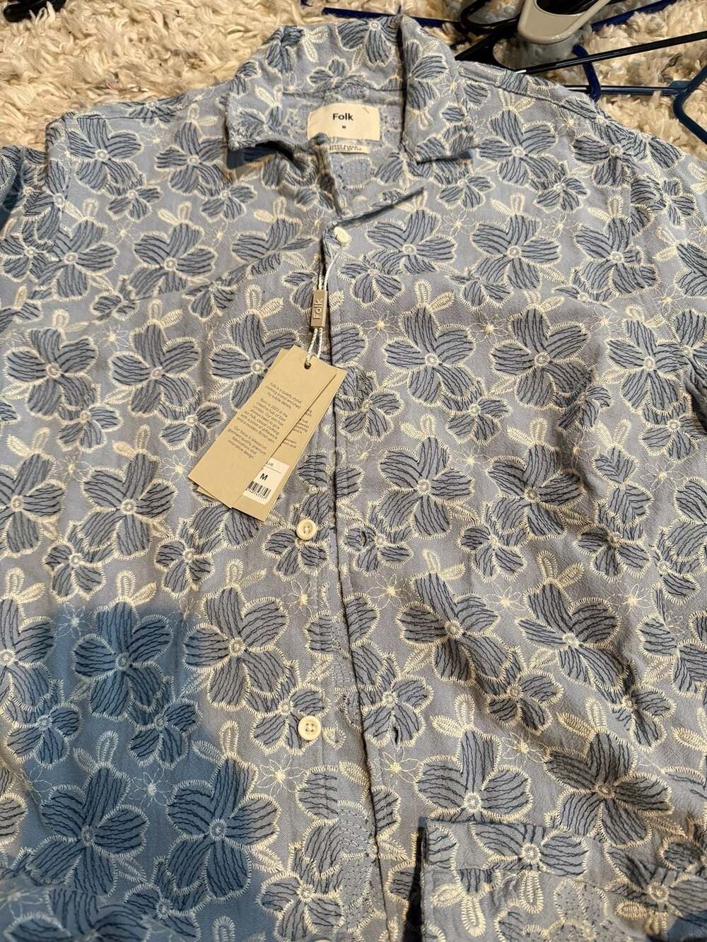 Folk Malco S/S Emb Shirt in Blue Linen Blend Floral Embroidery